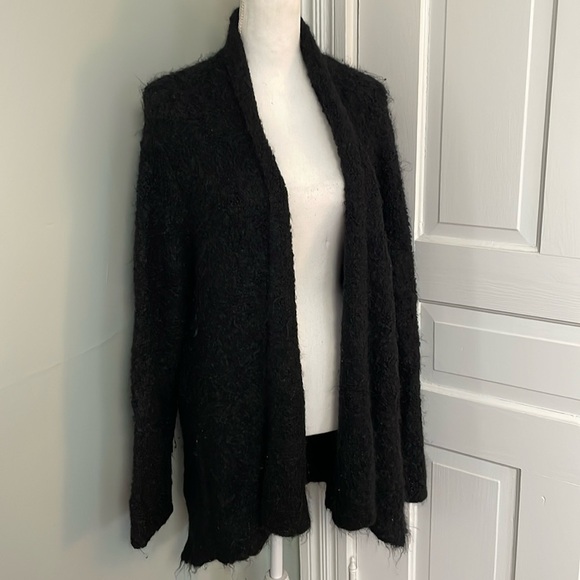 Eileen Fisher Black Wool Alpaca fuzzy Knit Cardigan Sweater open front large - Picture 1 of 5